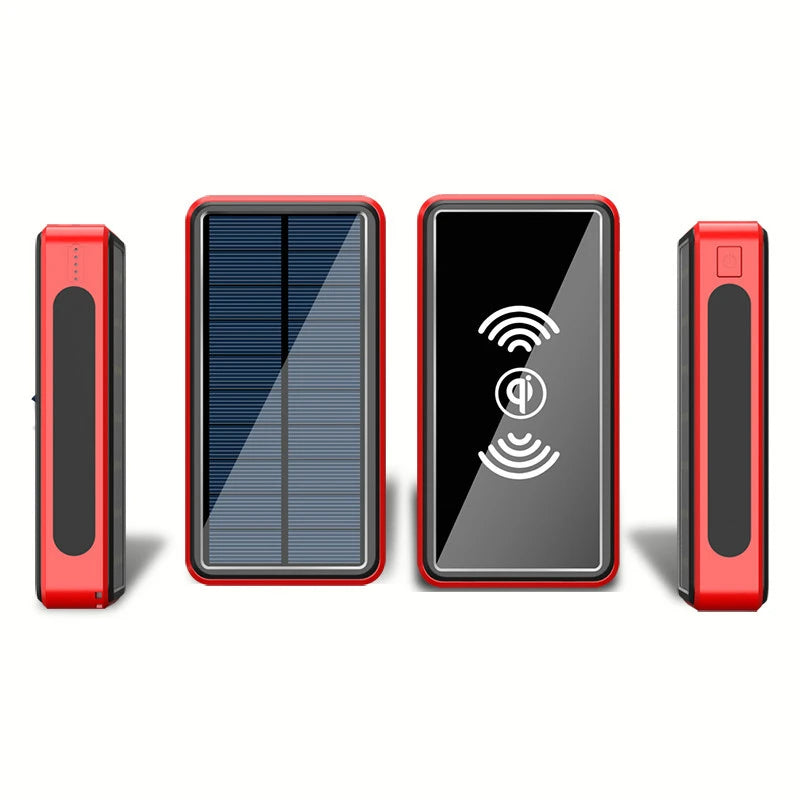 Wireless Charging Solar Power Bank 30000 mAh Powerbank for iPhone 15 X Samsung Xiaomi Mobile Phone Charger with Camping Light