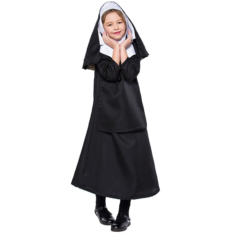 Kids Nun Costume Catholic Sister Robe Outfit Halloween Purim Girls Sister Nun Cosplay Costume Party Fancy Dress