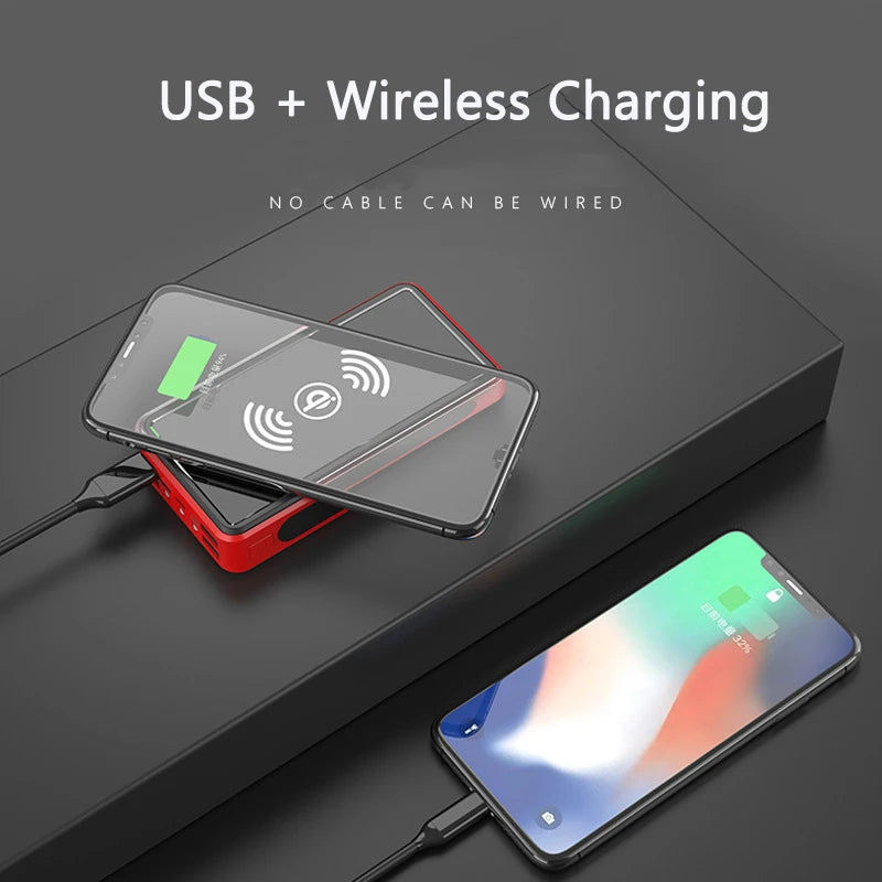 Wireless Charging Solar Power Bank 30000 mAh Powerbank for iPhone 15 X Samsung Xiaomi Mobile Phone Charger with Camping Light