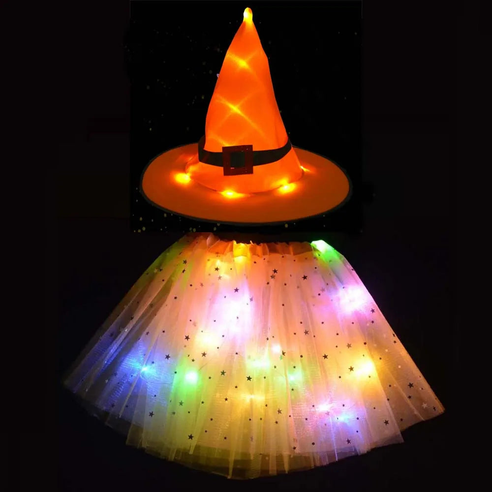 Women Kids Girl Luminous LED Glow Lights Elf Witch Hat Star Skirt Spider Web Wizard Costume Party Gift Halloween Festival