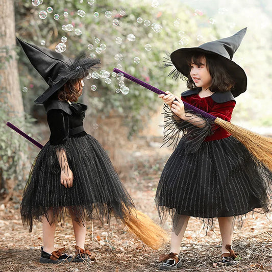 Children's Halloween Costume Black Wine Red Set Kids Witch Cosplay Party Stage Play Costumes Girls Clothes  Knee-Length Dress