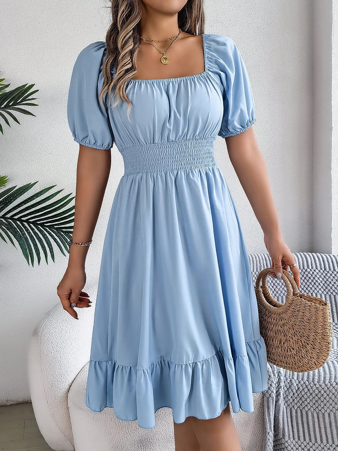 Women's MIidi Dresses 2024 Summer Casual Square Neck Short Sleeved Waist Ruffle Edge Dress Dress Women Elegant Платья Женские