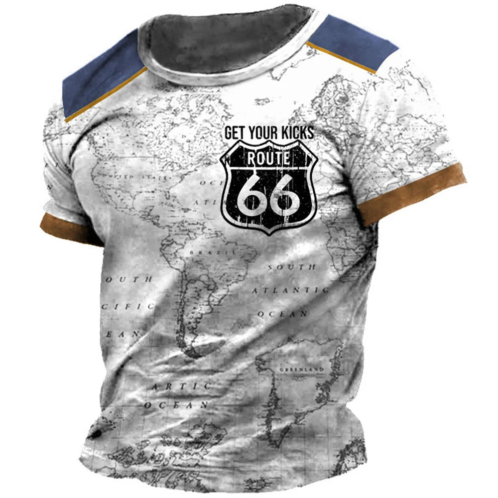 Classic Retro Summer Men's T-shirt American Loose Short Sleeve Top Route 66 O Collar Fashion Casual Sports Quick Drying Clothing