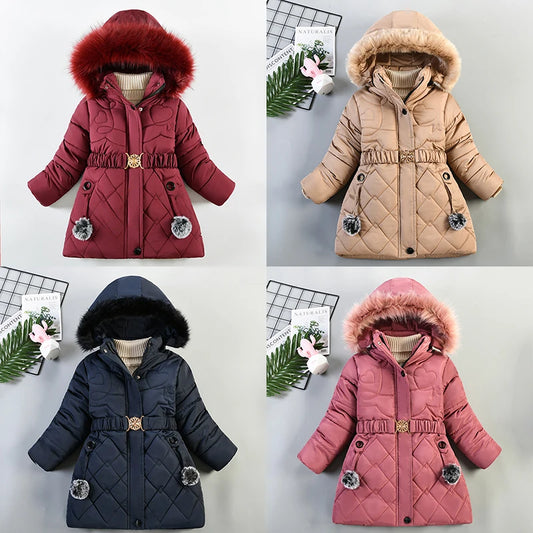 2024 New Winter Girls Jacket Keep Warm Fur Collar Fashion Children's Coat Hooded Zipper Girls Outerwear 4-10 Years Kids Clothes