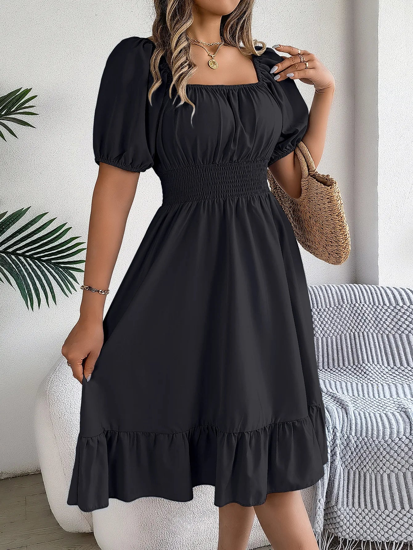 Women's MIidi Dresses 2024 Summer Casual Square Neck Short Sleeved Waist Ruffle Edge Dress Dress Women Elegant Платья Женские