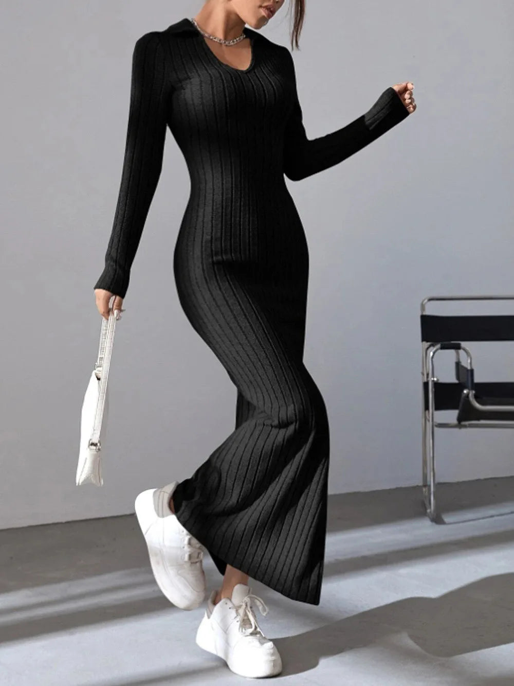 2024 Europe And The United States Autumn And Winter New Knitted Slim-Fit Lapel Long Sleeve Pit Strip Solid Color Tight Dress