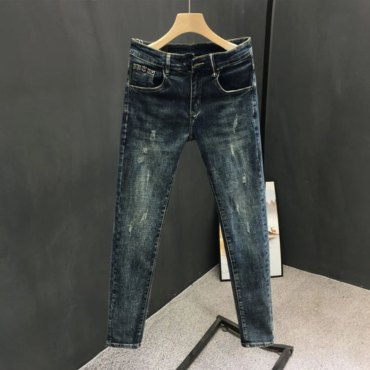 Streetwear 2024 New Men's Washed Denim Jeans Slim Cowboy Skinny Jeans Casual Spring Autumn Solid Stretch Luxury Jeans