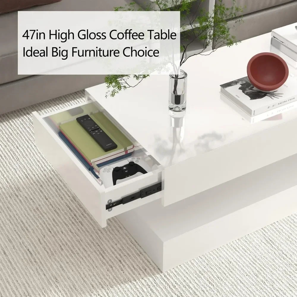 47.3IN High Glossy LED Coffee Table,APP LED Lights,Black/White, Modern Furniture for Living Room