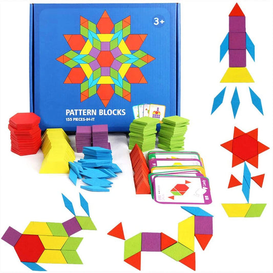 155 Pcs Wooden Pattern Blocks Set Geometric Shape Puzzle