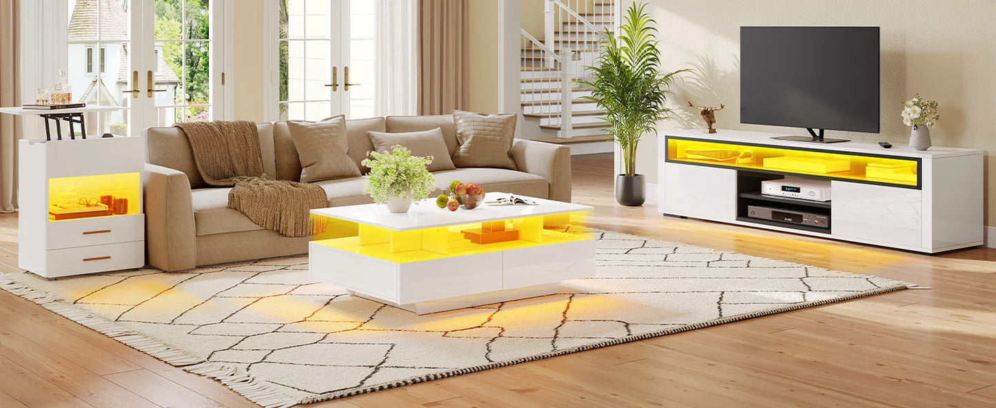 YITAHOME LED Coffee Table with Storage, High Glossy LED Coffee Tables for Living Room, Small Center Table with Open Display Shel