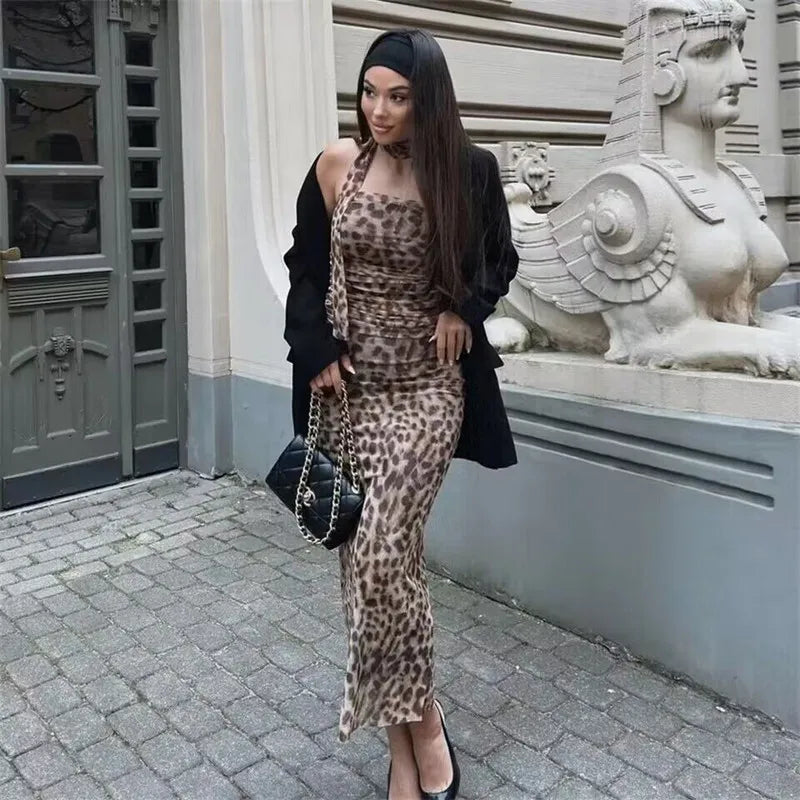 Leopard Print Tulle Crop Top Woman Ruched Off Shoulder Bandeau Top Women Sleeveless Backless Tube Top 2024