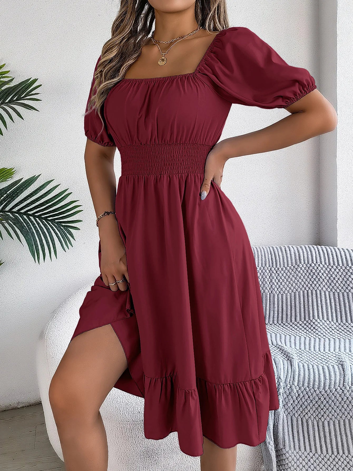 Women's MIidi Dresses 2024 Summer Casual Square Neck Short Sleeved Waist Ruffle Edge Dress Dress Women Elegant Платья Женские