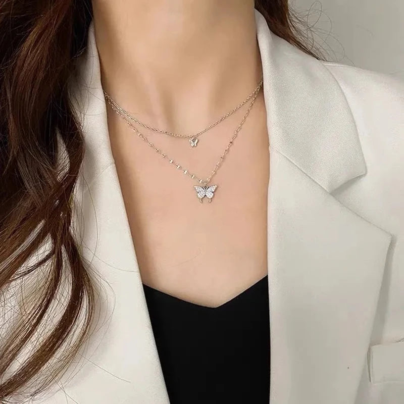 Double Layer Clavicle Chain Necklace Jewelry Zircon Butterfly Pendant Necklace for Women Accessories