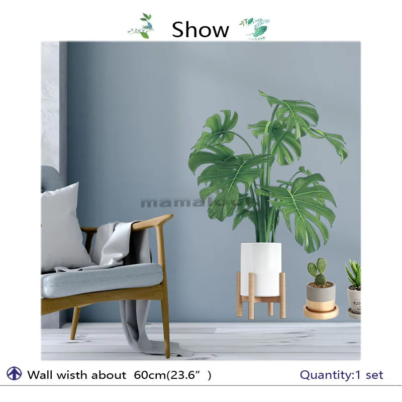 1 Piece of Tropical Plant Potted Pattern Wall Sticker with Exotic Vitality Green Leaves Living Room Bedroom Home Decoration