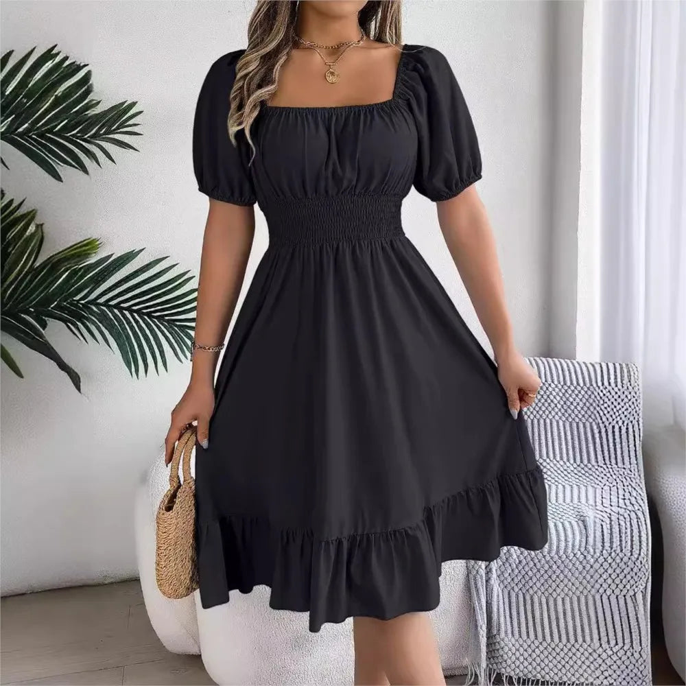 Women's MIidi Dresses 2024 Summer Casual Square Neck Short Sleeved Waist Ruffle Edge Dress Dress Women Elegant Платья Женские