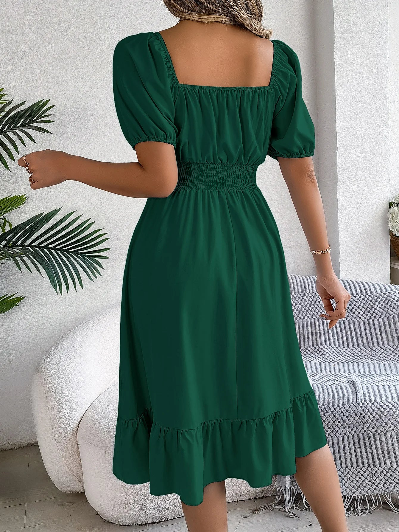 Women's MIidi Dresses 2024 Summer Casual Square Neck Short Sleeved Waist Ruffle Edge Dress Dress Women Elegant Платья Женские