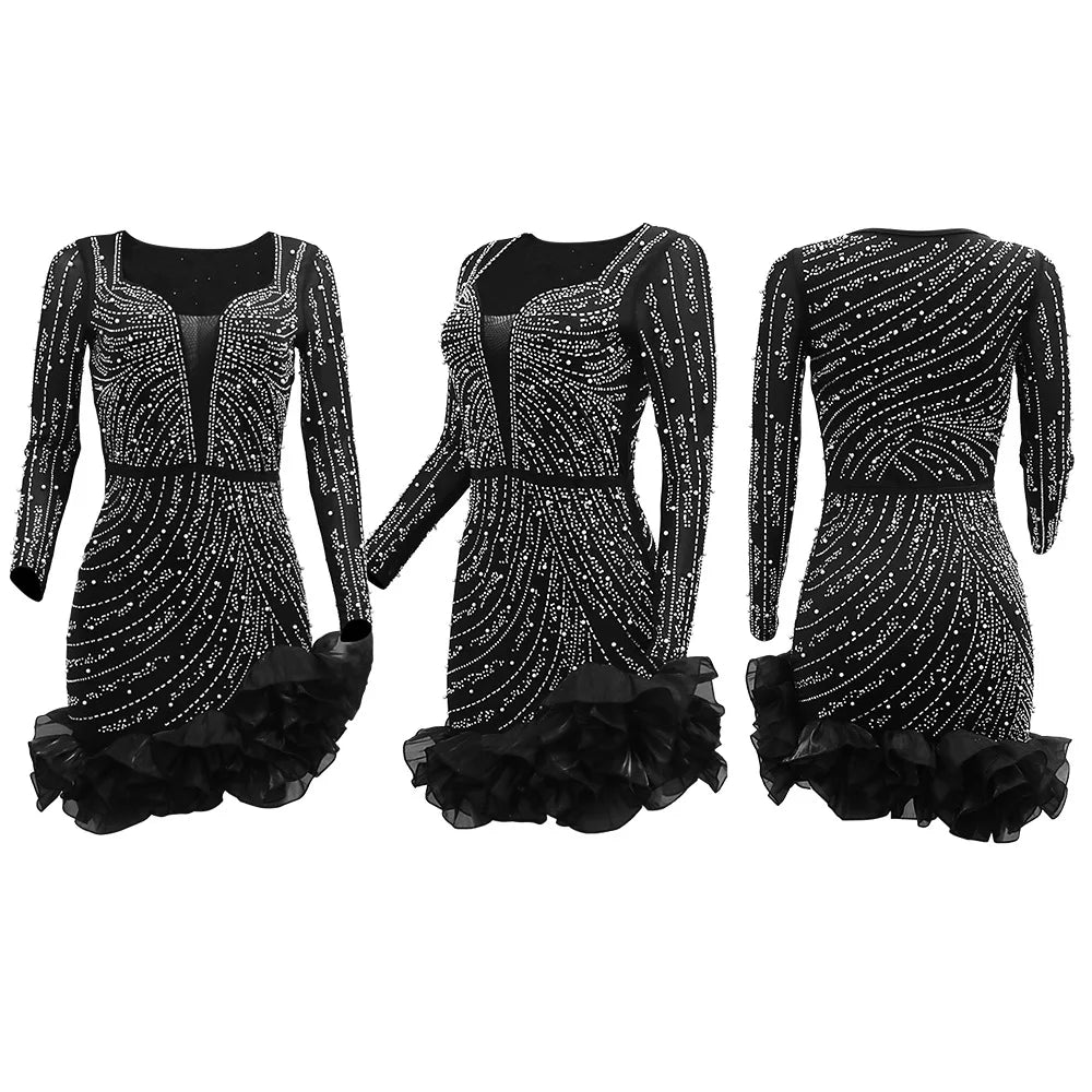 Women Dress Diamonds Splice Ruffles Mini Dresses Square Collar Full Sleeve Slim Fit