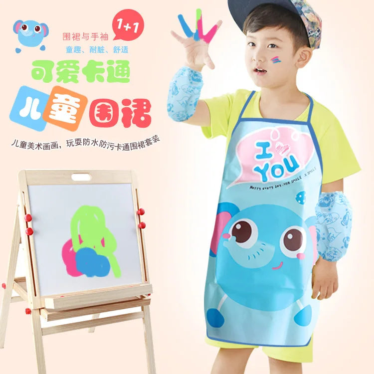 Cute Cartoon Children Apron Sleeves Chef Hat Pocket Set Kids