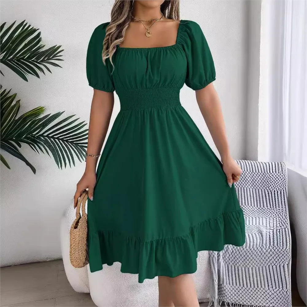 Women's MIidi Dresses 2024 Summer Casual Square Neck Short Sleeved Waist Ruffle Edge Dress Dress Women Elegant Платья Женские