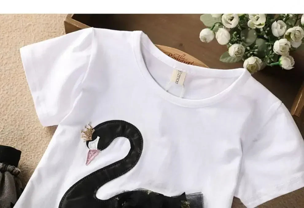 Kid Girl Clothes Cartoon Swan Lace T-shirt