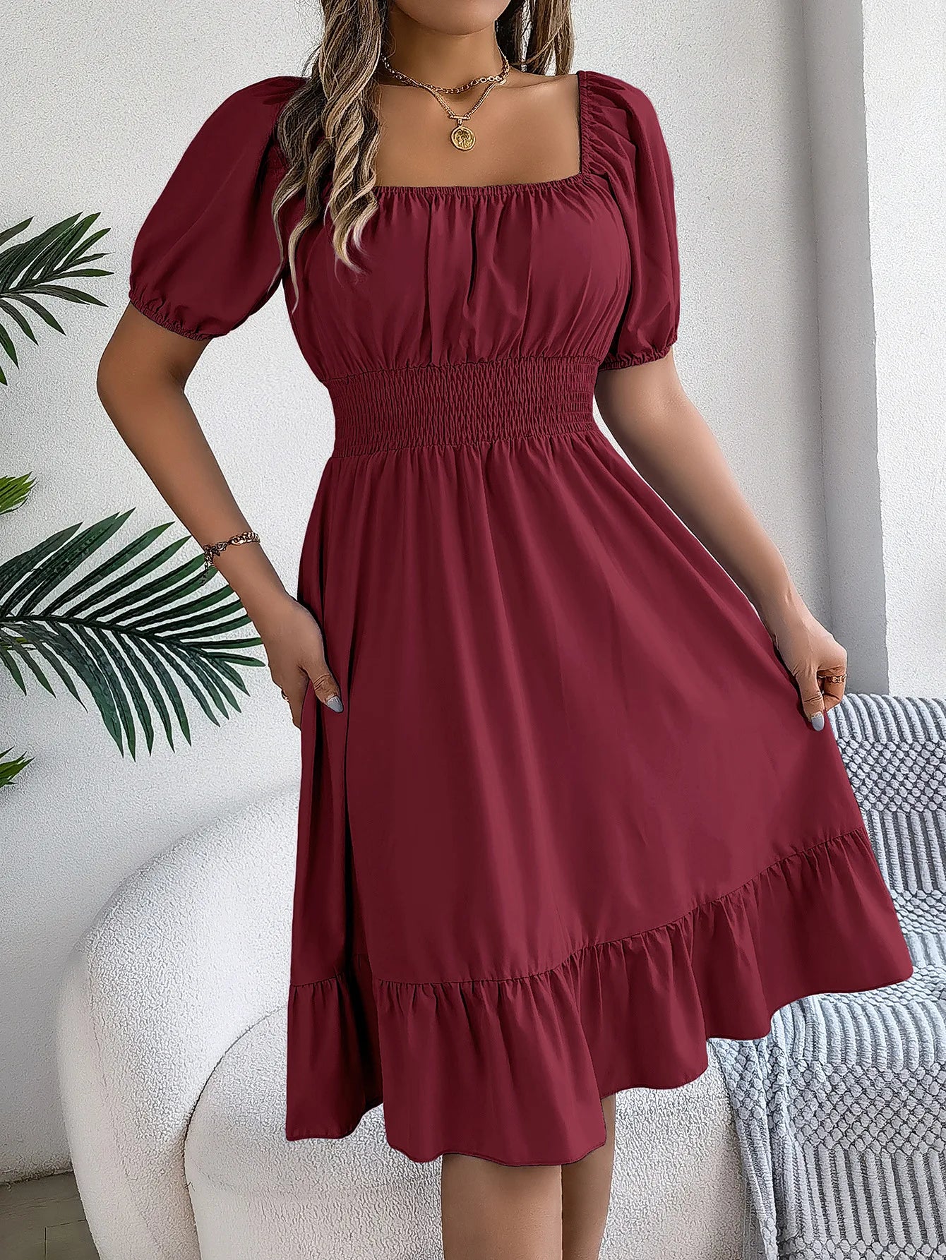 Women's MIidi Dresses 2024 Summer Casual Square Neck Short Sleeved Waist Ruffle Edge Dress Dress Women Elegant Платья Женские