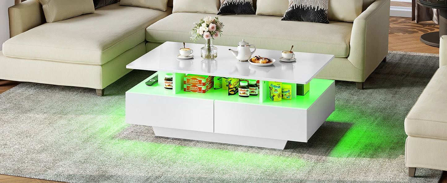 YITAHOME LED Coffee Table with Storage, High Glossy LED Coffee Tables for Living Room, Small Center Table with Open Display Shel