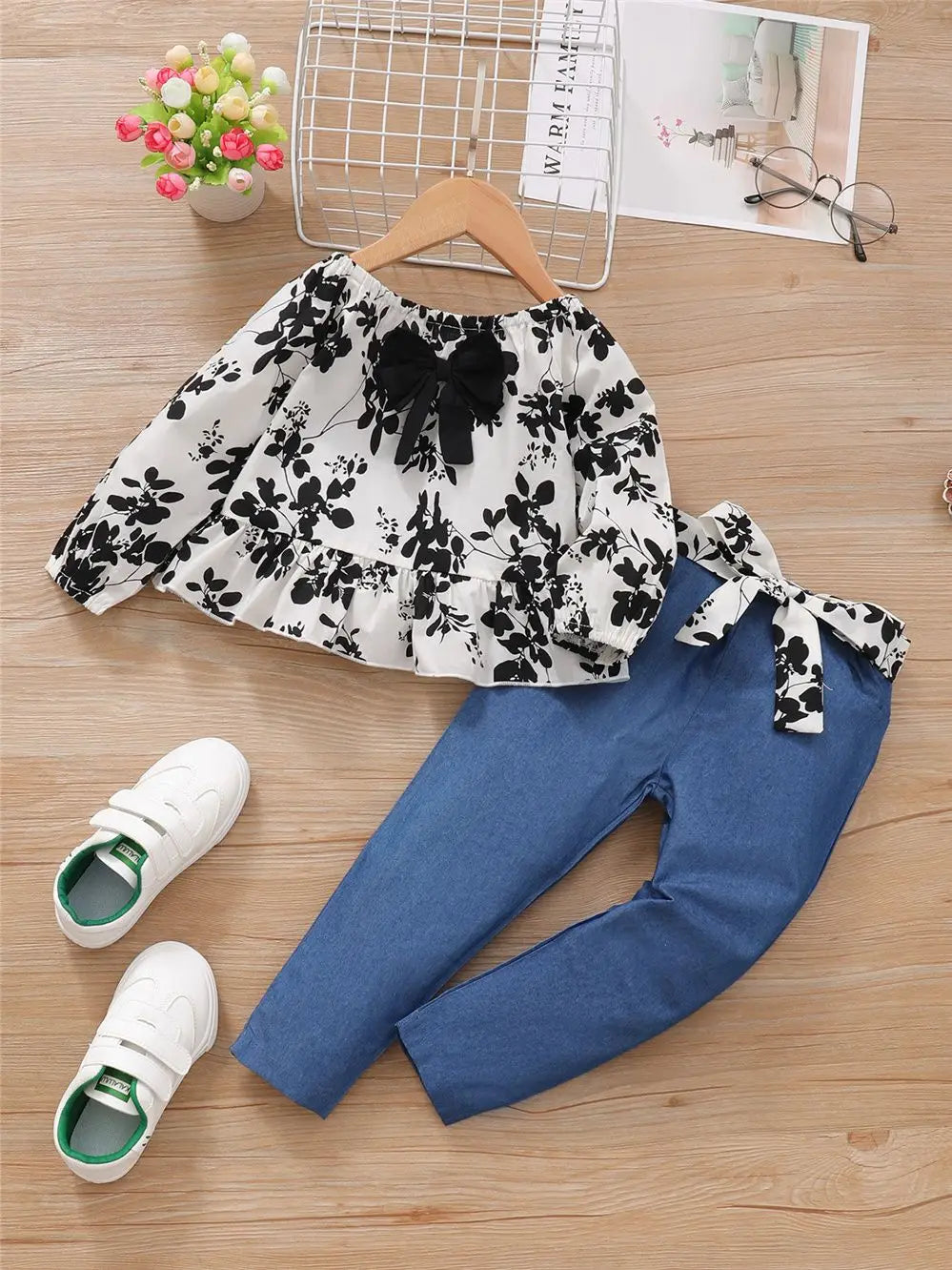 2PCS Clothing Set Kids Girl Floral Long Sleeves Top & Pant