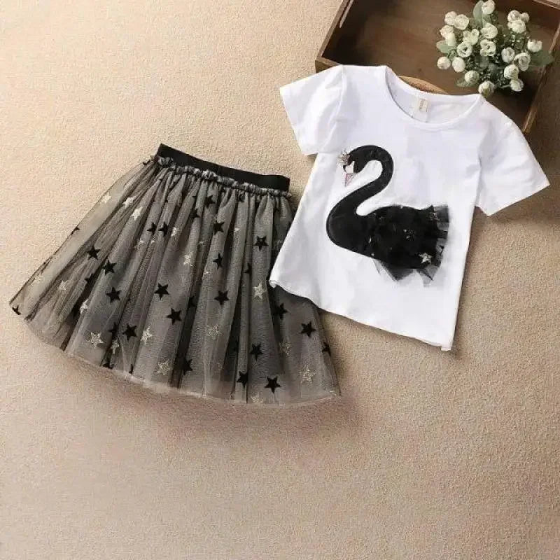 Kid Girl Clothes Cartoon Swan Lace T-shirt