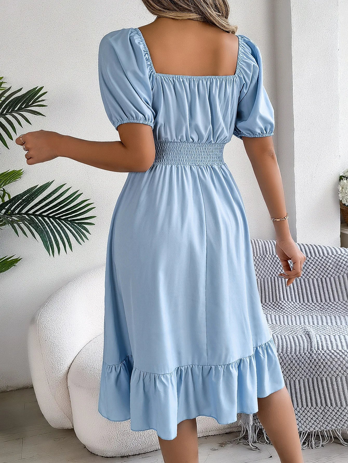 Women's MIidi Dresses 2024 Summer Casual Square Neck Short Sleeved Waist Ruffle Edge Dress Dress Women Elegant Платья Женские