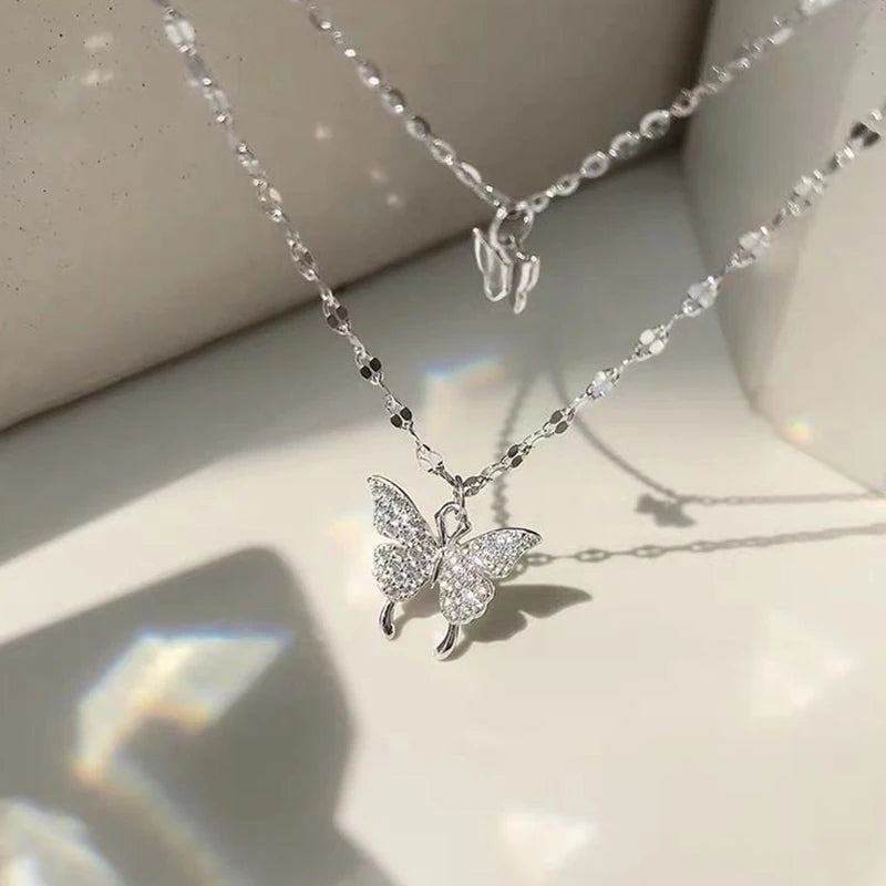 Double Layer Clavicle Chain Necklace Jewelry Zircon Butterfly Pendant Necklace for Women Accessories