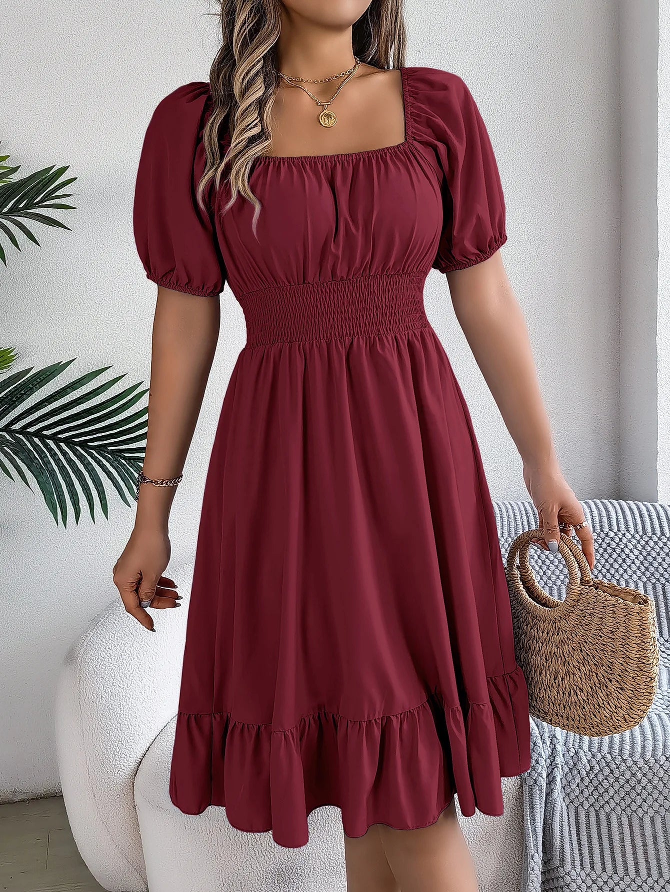 Women's MIidi Dresses 2024 Summer Casual Square Neck Short Sleeved Waist Ruffle Edge Dress Dress Women Elegant Платья Женские