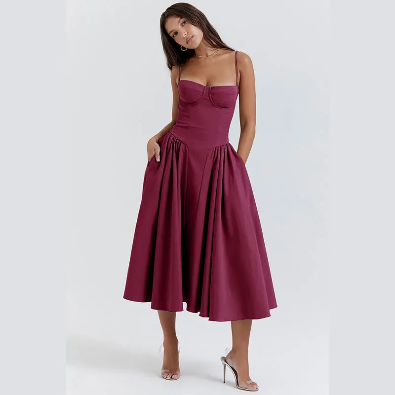 Sexy Solid Pleated Hem Sling Dress Women Fashion Midi Sleeveless Backless Dresses Female 2024 Summer Party Evening A-line Robes