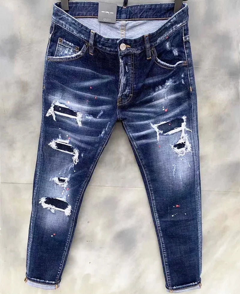 2024 Men's Ripped Jeans Luxury Brand Light Blue Holes Long Jeans Quality Male Stretch Slim Pants Men Skinny Jeans Men Clothing