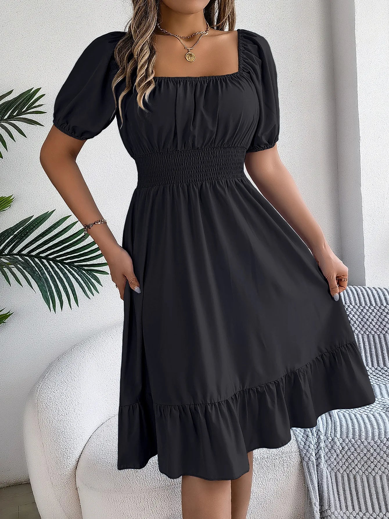 Women's MIidi Dresses 2024 Summer Casual Square Neck Short Sleeved Waist Ruffle Edge Dress Dress Women Elegant Платья Женские