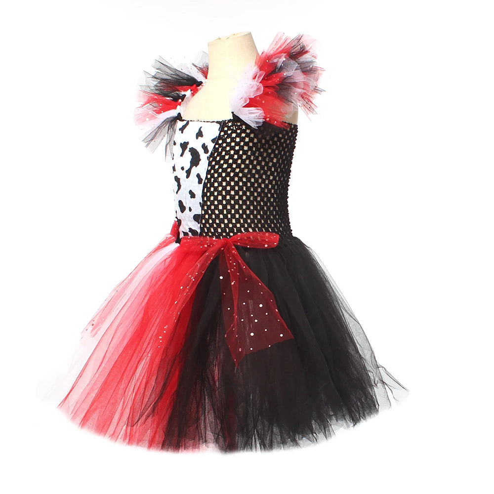 Baby Girls Cruella Deville Tutu Dress for 101 Dalmatians Villain Halloween Costume Kids Vintage Polka Dots Cosplay Fancy Dresses