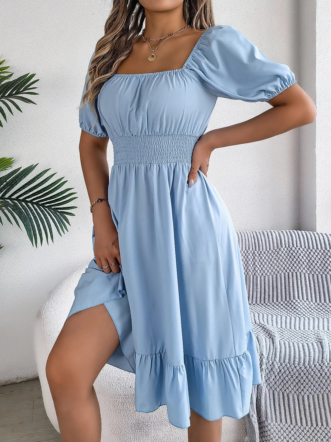 Women's MIidi Dresses 2024 Summer Casual Square Neck Short Sleeved Waist Ruffle Edge Dress Dress Women Elegant Платья Женские