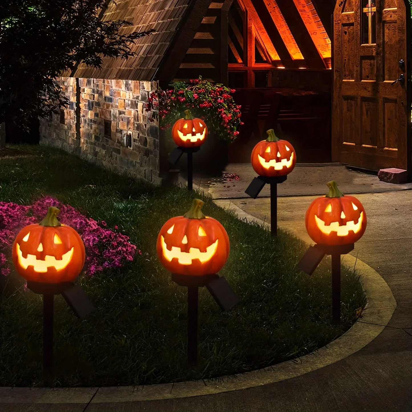 Halloween Solar Light Lawn Decorations Pathway 3D Orange Pumpkins Stake Markers Stake Walkway Driveway Garden Decor Stake Lamp