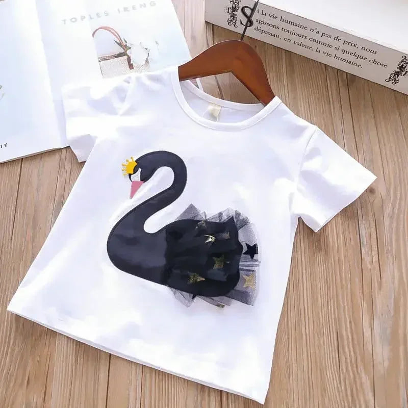 Kid Girl Clothes Cartoon Swan Lace T-shirt