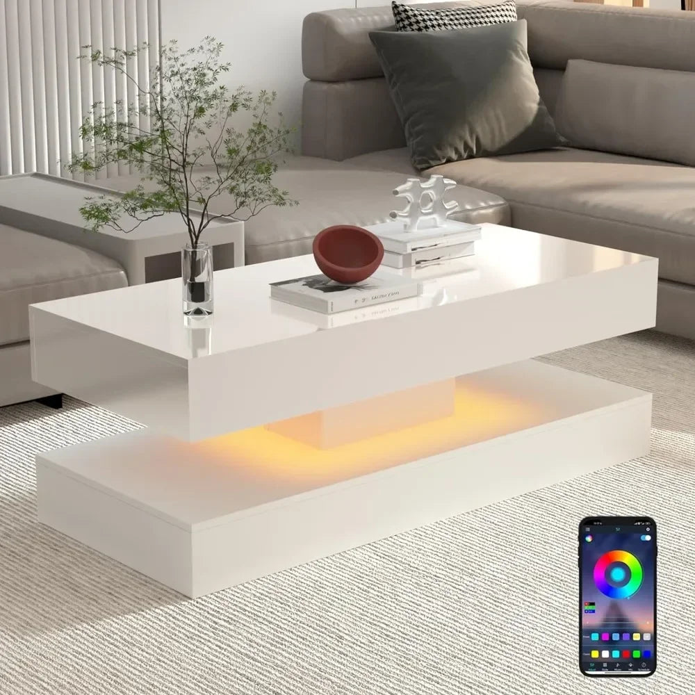 47.3IN High Glossy LED Coffee Table,APP LED Lights,Black/White, Modern Furniture for Living Room