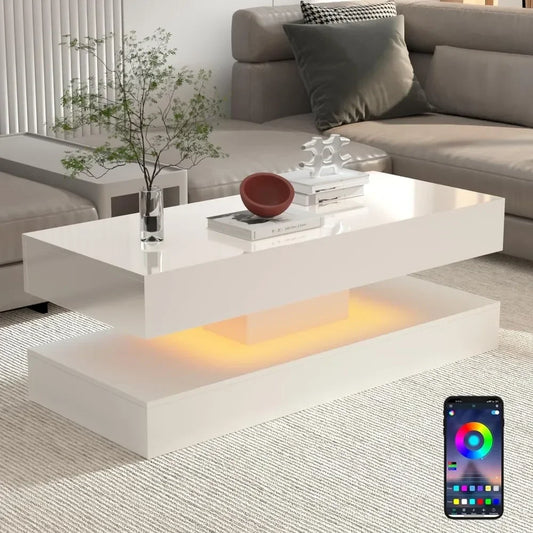 47.3IN High Glossy LED Coffee Table,APP LED Lights,Black/White, Modern Furniture for Living Room