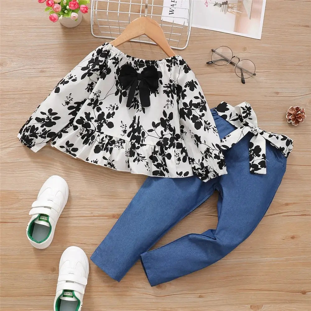 2PCS Clothing Set Kids Girl Floral Long Sleeves Top & Pant