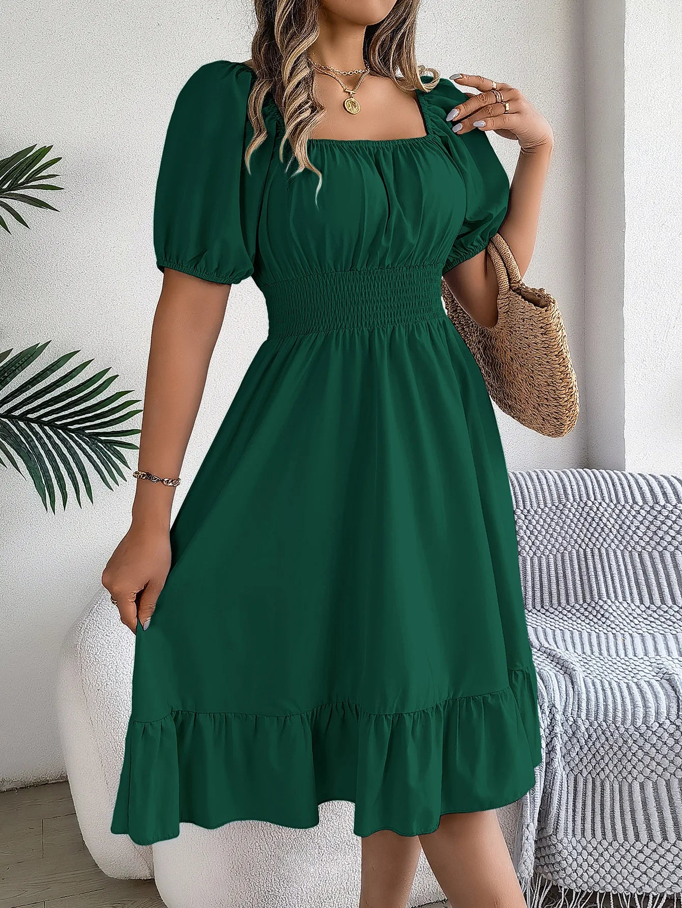 Women's MIidi Dresses 2024 Summer Casual Square Neck Short Sleeved Waist Ruffle Edge Dress Dress Women Elegant Платья Женские