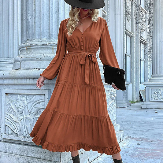 2024 Women Casual Long Sleeve v Neck Fall Dress Bohemian Ruffled Relaxed Fit Solid Maxi Dresses Tiered Cocktail Dress