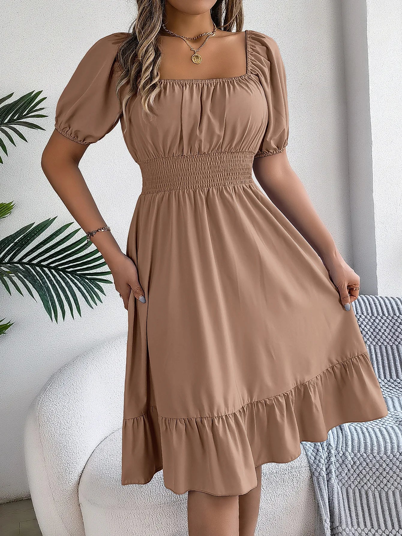 Women's MIidi Dresses 2024 Summer Casual Square Neck Short Sleeved Waist Ruffle Edge Dress Dress Women Elegant Платья Женские