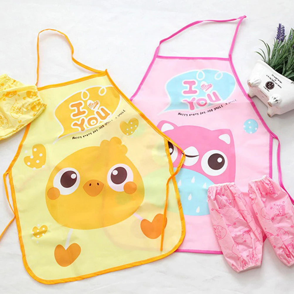 Cute Cartoon Children Apron Sleeves Chef Hat Pocket Set Kids