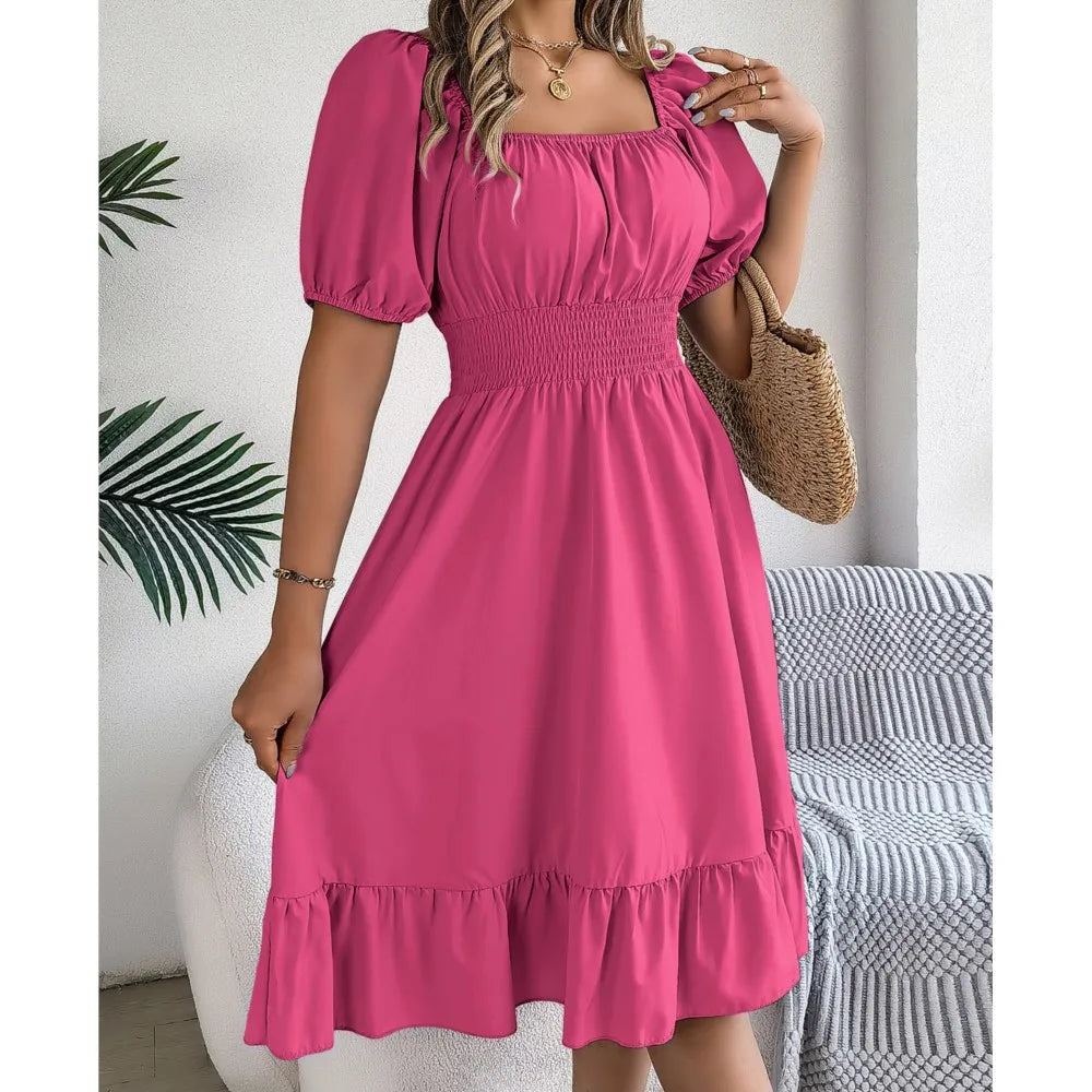 Women's MIidi Dresses 2024 Summer Casual Square Neck Short Sleeved Waist Ruffle Edge Dress Dress Women Elegant Платья Женские