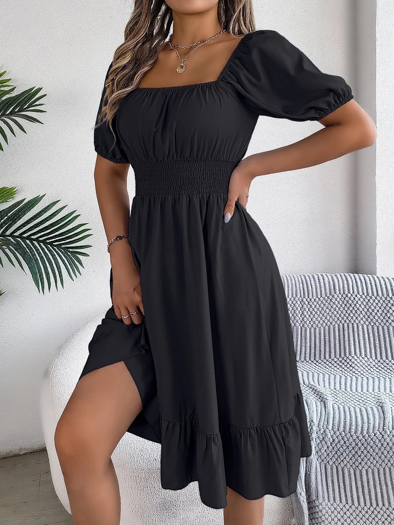 Women's MIidi Dresses 2024 Summer Casual Square Neck Short Sleeved Waist Ruffle Edge Dress Dress Women Elegant Платья Женские