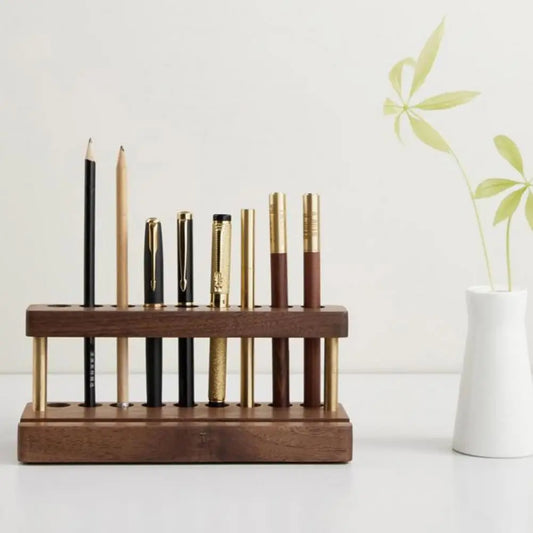 Wooden Pen Stand 9 Slots Cell Phone Holder Modern Office Desk Organizer Natural Wood Grain Pen Stand Sleek Wooden Pencil Holder