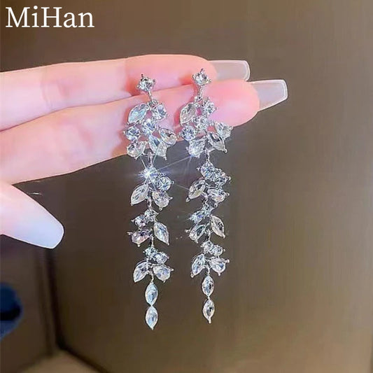 MiHan Modern Jewelry Sweet Korean Temperament Luxury Leaf Glass Long Earrings For Women Fashion Accessories Hot Selling