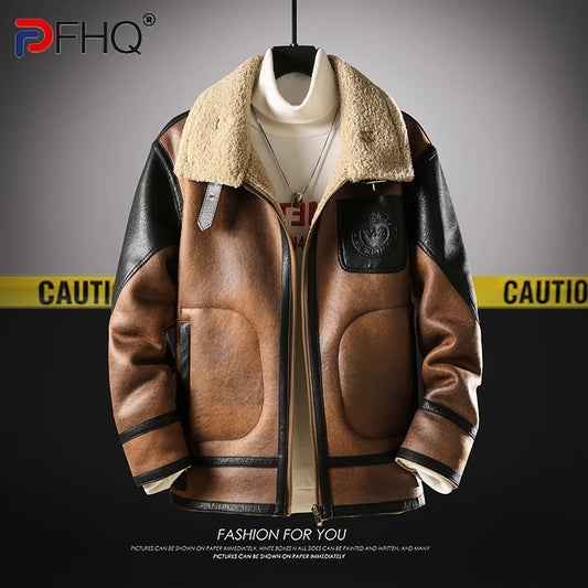 PFHQ 2024 Winter New Men Fur Jacket Contrast Color Long Sleeve Casual Turn-down Collar Warm Korea Fashion Male Tops